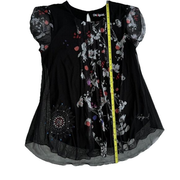 Desigual women's Top Sheer Embellished Rhinestones Floral Black Small - Picture 4 of 16